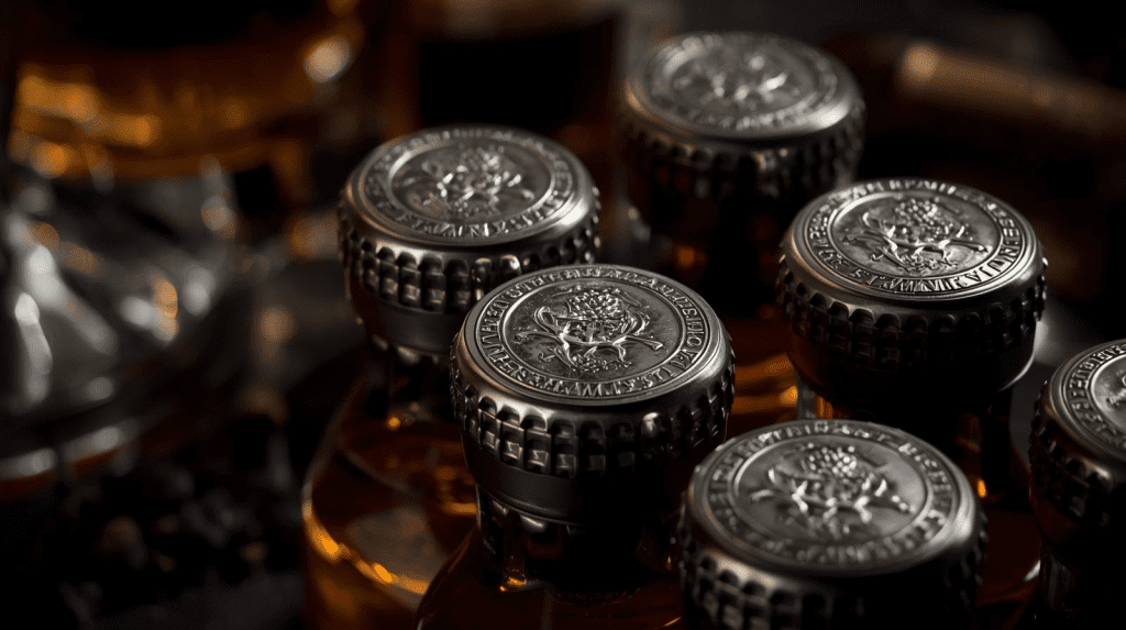 Embossed zamac spirit bottle cap heads with heraldic crest on whisky bottles