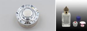 Chrome plated zamac bottle cap in close-up and a collection of plated perfume caps in gold, silver, blue and pink