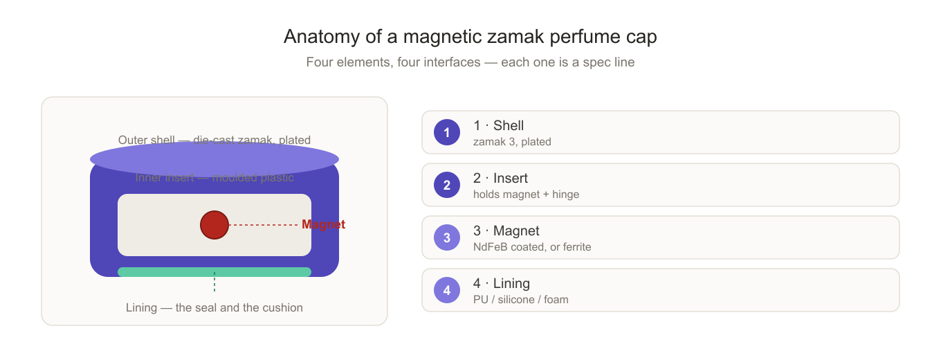 Anatomy of a magnetic zamak perfume cap showing shell, inner insert, magnet and lining