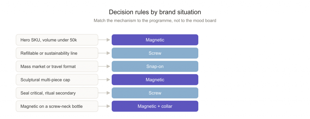 Decision rules for choosing a perfume cap closure mechanism by brand situation