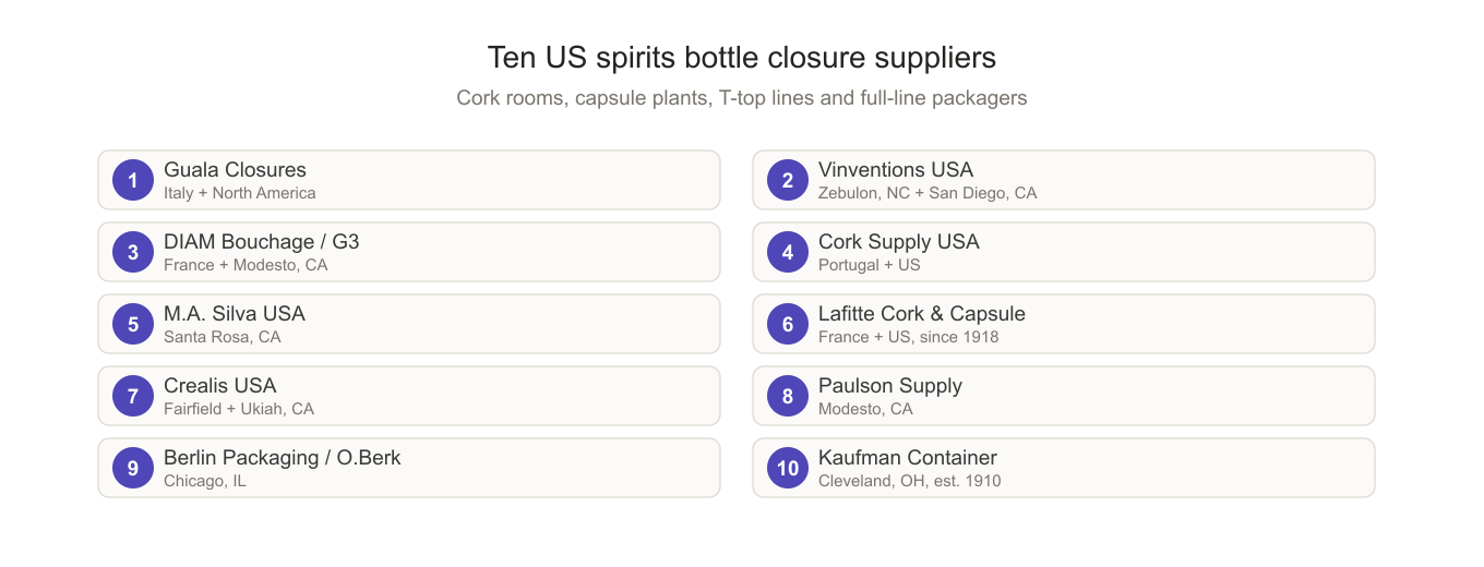 Ten US spirits bottle closure suppliers across cork, capsule, bar-top and packaging hubs