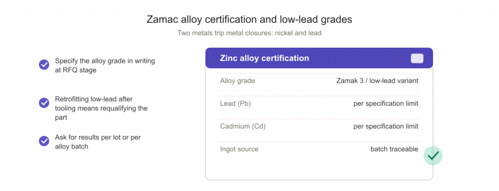 Zamac alloy certification specifying low lead grades for metal closures