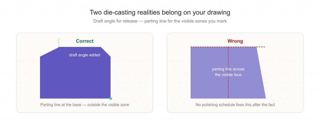 Draft angle and parting line placement on a die cast zamac cap cross-section