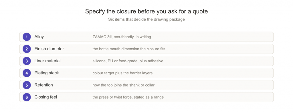 Key specification points for custom zamac wine and spirits closures before RFQ